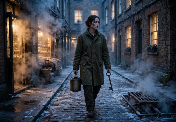 Photorealistic cinematic illustration, pre-dawn on a narrow brick lane, a tall woman in a work coat carrying a grease tin and long iron key, bakery steam and frost-glazed paving, buried pipes breathing cold mineral mist from a grating, warm window lights above, moody blue-and-amber light, adults only, no text, no watermark