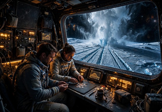 Photorealistic cinematic space art: a cramped Enceladus monitoring console glowing amber in the dark, two astronauts in soft suits counting tokens on a slate while a vast plume of vapor rises from tiger-striped fissures into black starlight beyond the window, ice-blue and warm-lamp contrast, no text or watermarks.