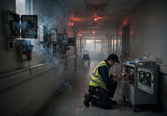 Photorealistic cinematic hospital ward corridor after a power event, faint ozone haze around triaged wall panels, a dose cart parked against the wall with a facilities tech kneeling at its open power bus holding a meter, dim emergency lighting, quiet morning atmosphere, adults only, no text or watermarks