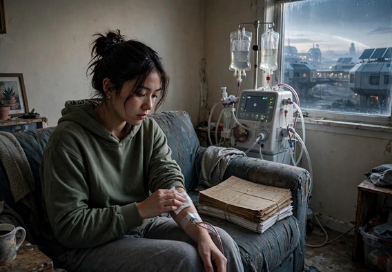 Photorealistic cinematic space art: a dim morning living room in modest low-income housing, a young woman seated on a worn couch with a cotton pad pressed to her forearm beside a humming home dialysis machine in the corner, streetlights clicking off outside the window, bakery ledgers stacked on the armrest, soft dawn light, adults only, no text, no watermark.