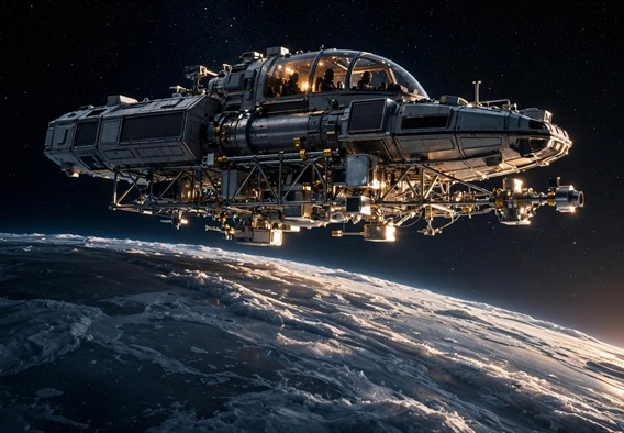 Photorealistic cinematic space art: the survey ship Tamarisk crossing the dawn line over a small icy moon, ventral instrument truss glinting in low sunlight, deep black starfield beyond, adults-only crew silhouettes visible through a lit canopy, no text or watermarks.