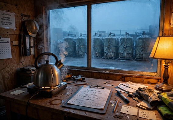 Photorealistic cinematic scene: pre-dawn yard office interior, a hairline-cracked kettle steaming on a hotplate beside a clipboard slate reading a hand-hour, six tarp-covered digester cells visible through a frost-blue window, warm interior light against cold exterior blue.