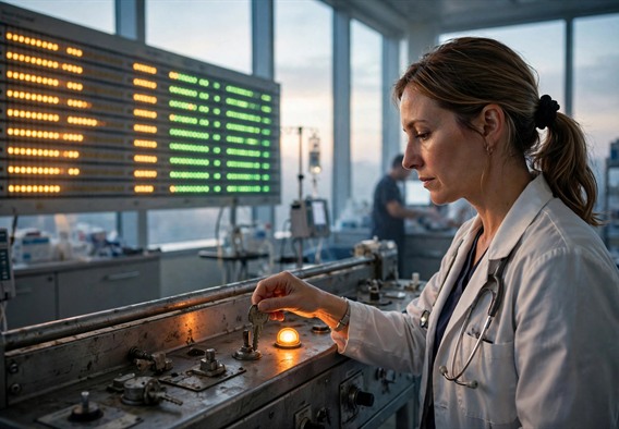 Photorealistic cinematic view of a clinic dosing floor at dawn, a physician turning a worn steel key on a console rail while a warm indicator light glows steady beside her, amber lanes shifting to green on a large titration board behind, soft morning light through tall windows, adults-only staff, no text or watermarks