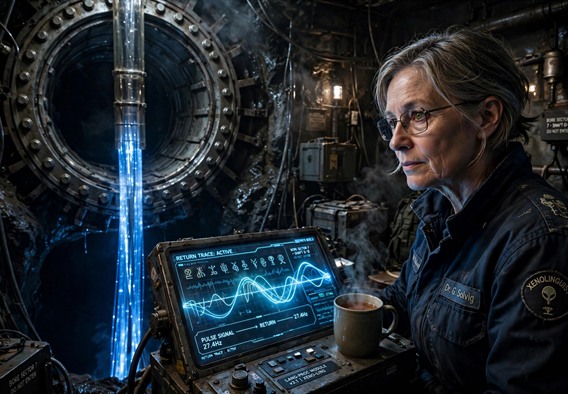 Photorealistic cinematic space art: Dr. Greta Solvig, a composed xenolinguist in her fifties, sits at a glowing console in a dim industrial bore room, a sapphire fiber-optic cable descending through a sealed bore shaft into darkness, tea steaming beside her, return traces of light pulsing across her screen.