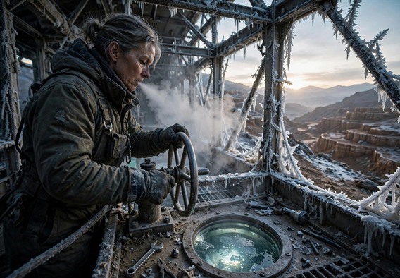 Photorealistic cinematic space art: a frost-limbed flume house of steel struts on a terraced extraterrestrial slope at dawn, a weathered woman steward in heavy gloves gripping a large hand-cranked valve wheel, breath steaming in flat sheets under a weak pale sun, inspection port glowing with clear meltwater below, dust and tools on the floor, adults only, no text or watermarks.