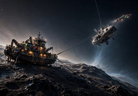 Cinematic illustration, photorealistic cinematic space art: a thirty-four-meter salvage tug anchored to a black, tar-crusted comet nucleus, a dead survey ship hanging from a towline and slowly turning, thin coma haze past the terminator, a distant rival cutter holding station with steady running lights, deep starfield, adults only, no text, no watermarks, no news or editorial look.