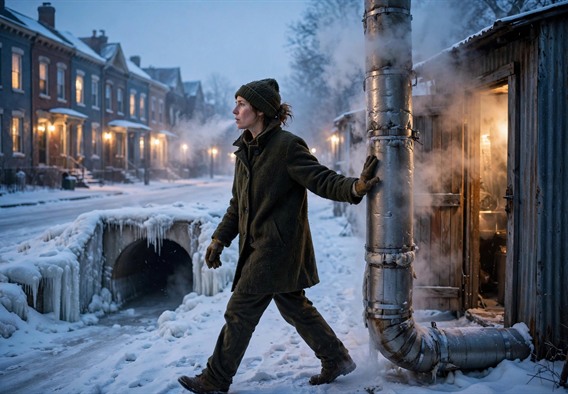 Photorealistic cinematic illustration: a woman in a wool coat and work gloves walks a snowbound dawn street, palm flat against an insulated steam trunk pipe rising from a boiler shed, breath fogging, frozen culvert behind her, warm lamplit rowhouses in blue half-light, no text.