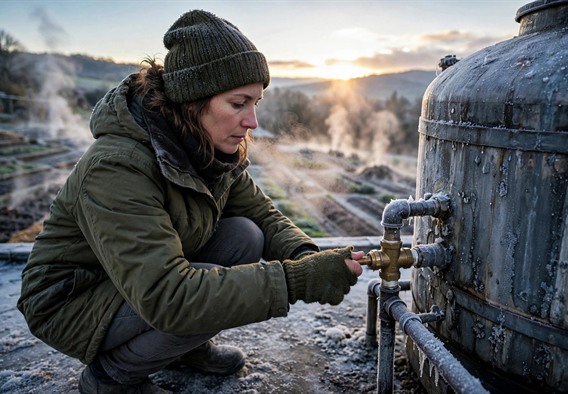 Photorealistic cinematic illustration: a woman in cold-weather work clothes crouched on a frost-covered rooftop beside a reclaimed water tank, turning a brass valve with a mitten missing its fingertip, dawn light breaking over a ridge behind terraced gardens of steaming compost rows, breath visible in freezing air, shallow depth of field, adults only, no text or watermarks.