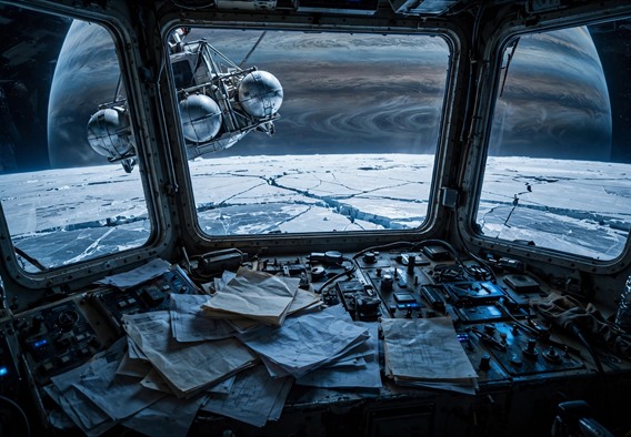 Photorealistic cinematic space art: a small survey tug with spherical tanks drifting above a white ice moon, dark fissured polar seams below, a banded gas giant looming huge in the aft windows, cold blue light across a paper-covered bridge console, no text or watermarks.